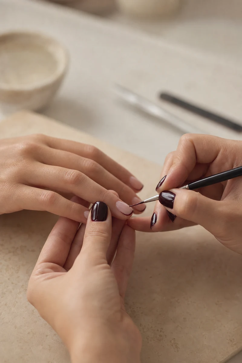 A nail artist applying a fine black cherry detail