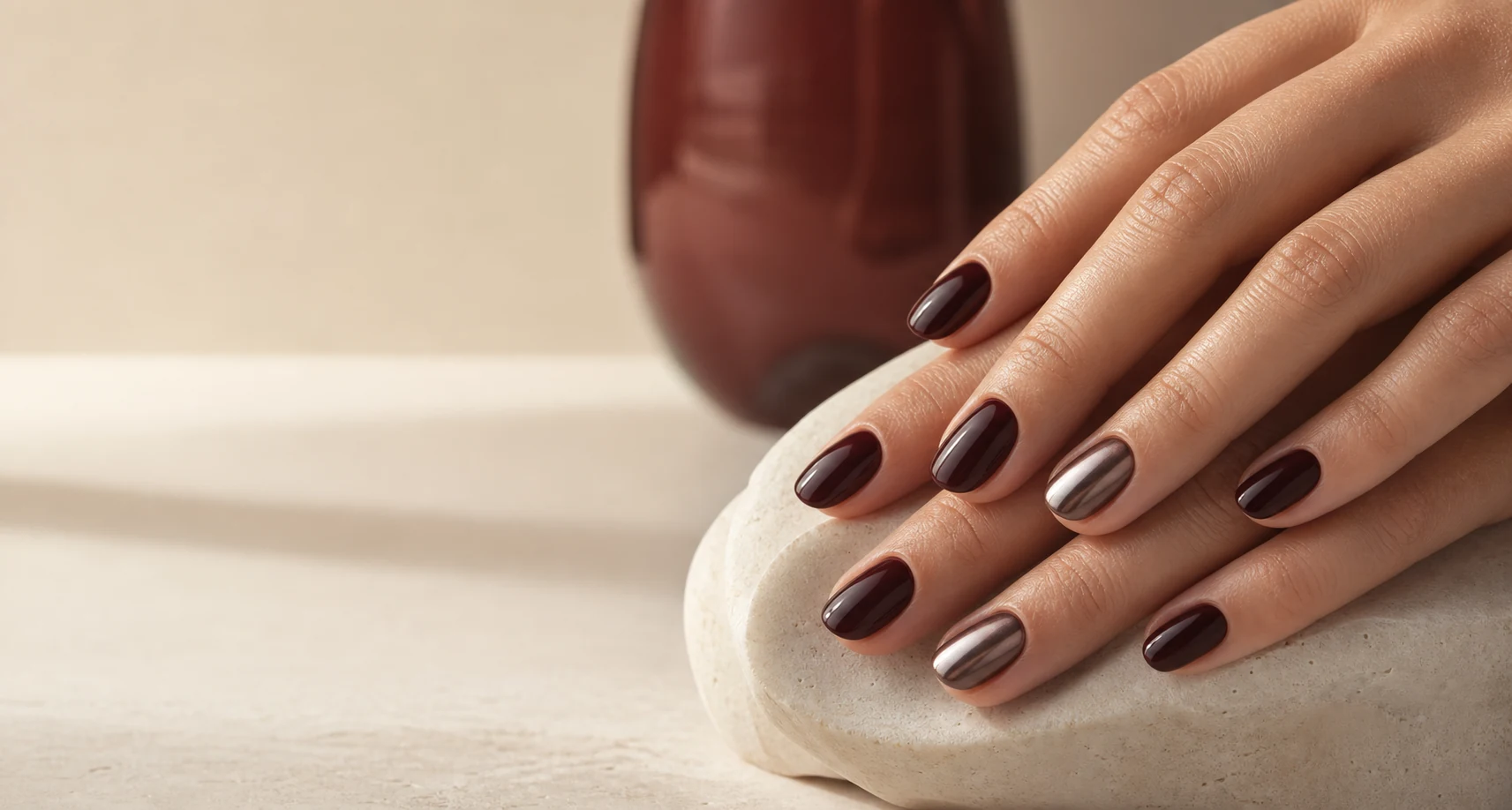Black cherry manicure with a chrome detail