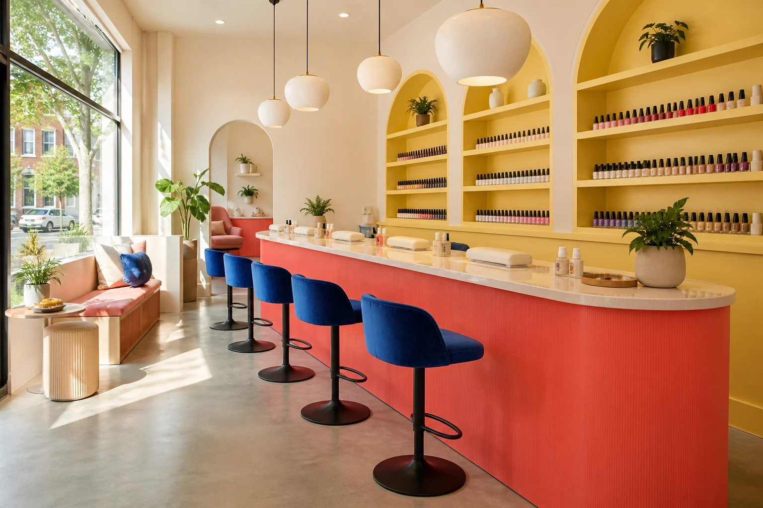 Bright contemporary nail color bar interior
